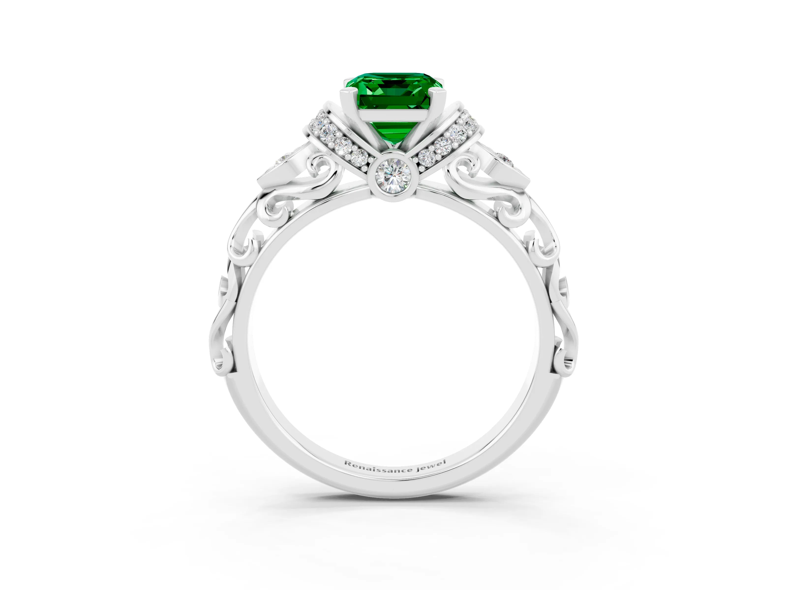 White gold Emerald Cut Emerald Solitaire Ring with Filigree Band and Four-Prong Setting_51