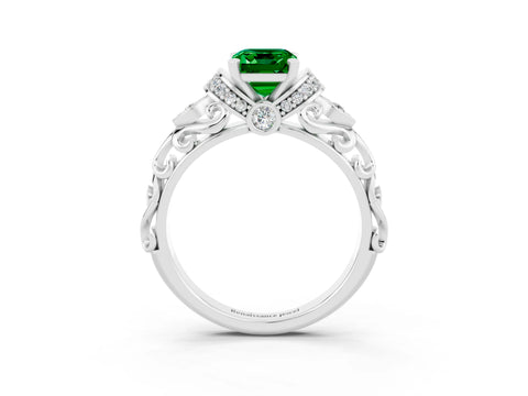 White gold Emerald Cut Emerald Solitaire Ring with Filigree Band and Four-Prong Setting_51