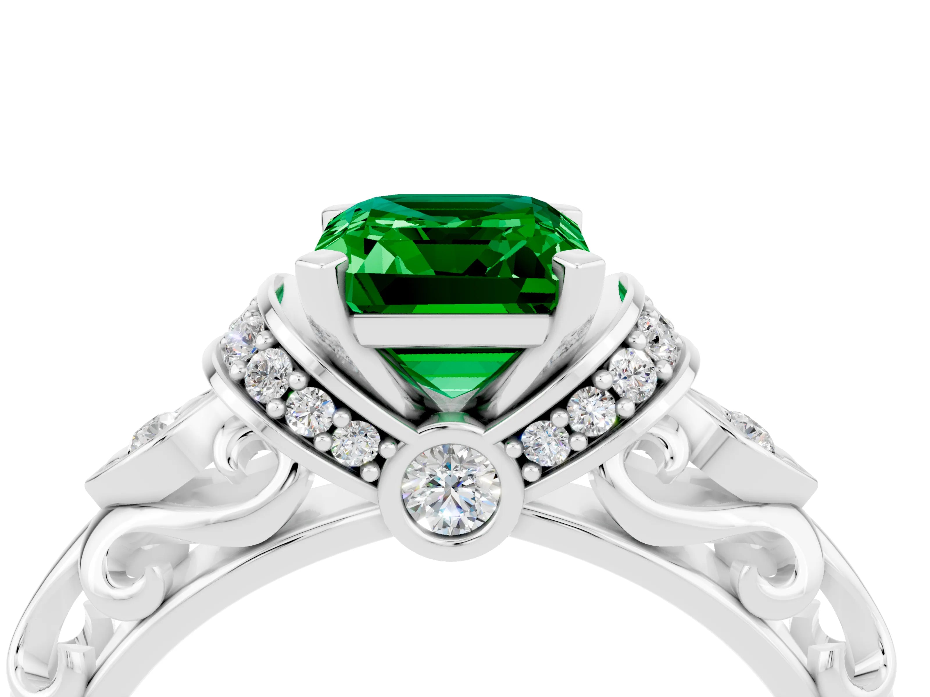 White gold Emerald Cut Emerald Solitaire Ring with Filigree Band and Four-Prong Setting_52