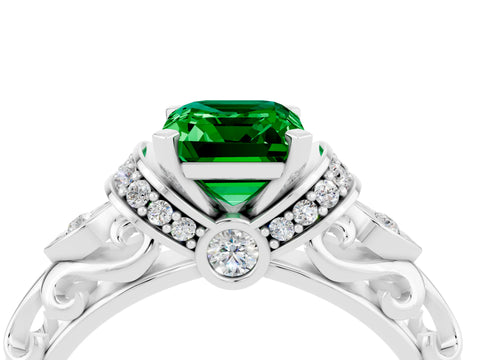 White gold Emerald Cut Emerald Solitaire Ring with Filigree Band and Four-Prong Setting_52
