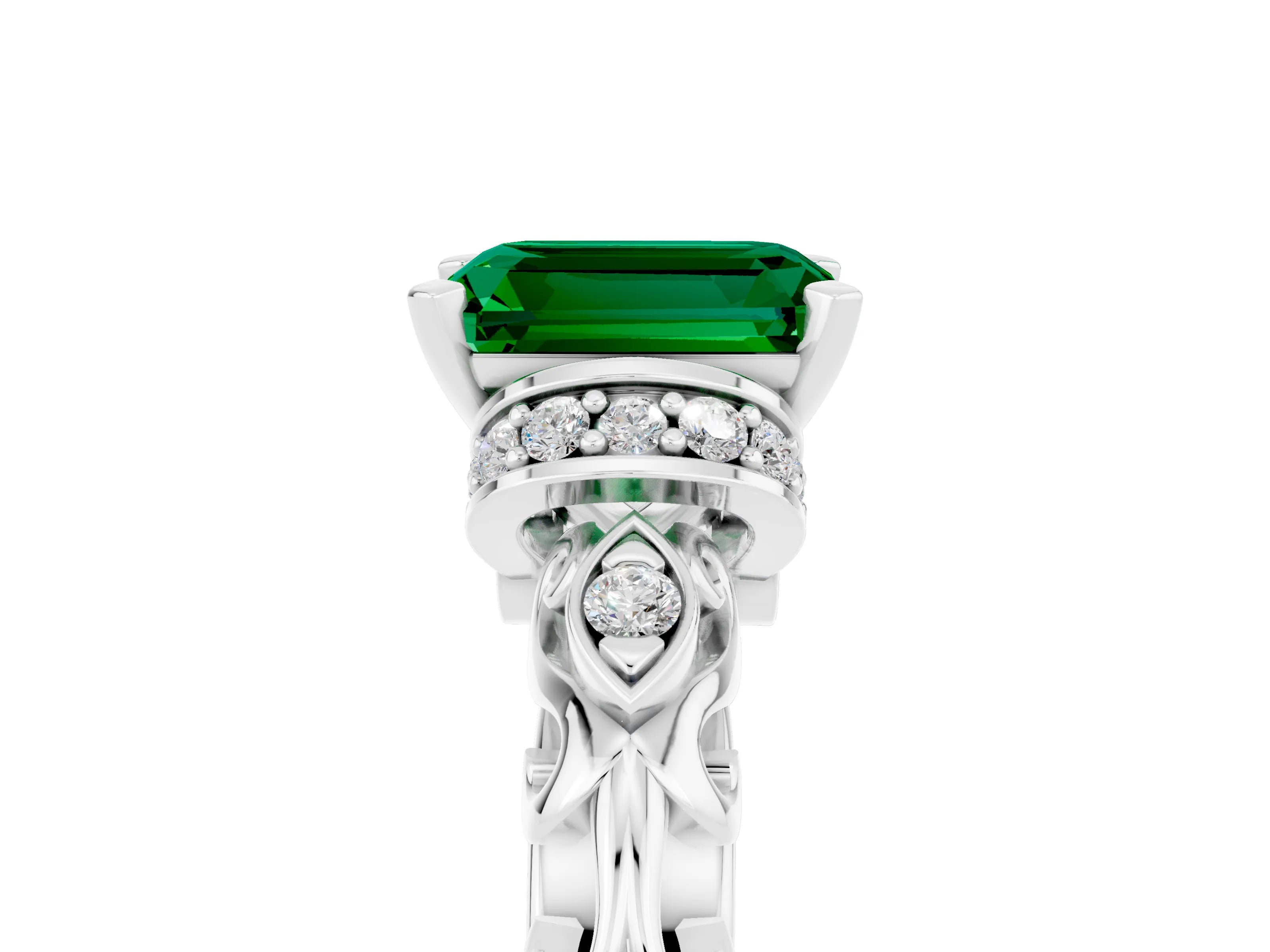 White gold Emerald Cut Emerald Solitaire Ring with Filigree Band and Four-Prong Setting_53