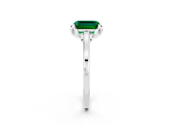 White gold Emerald Cut Emerald Solitaire Ring with Flower Prong Setting and Classic Band
