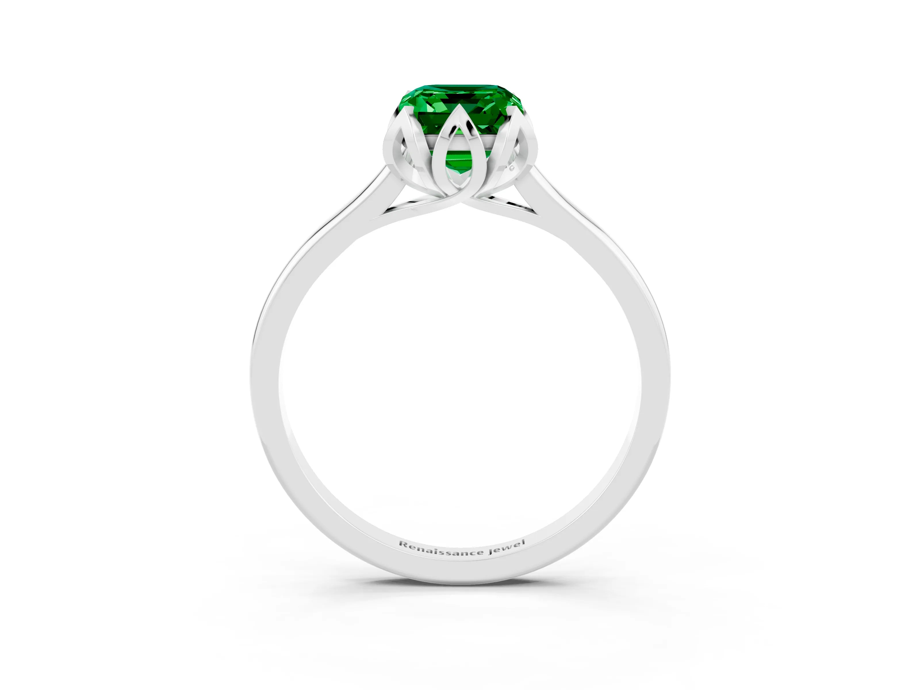 White gold Emerald Cut Emerald Solitaire Ring with Flower Prong Setting and Classic Band_15