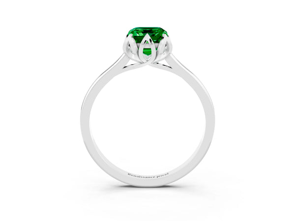 Platinum Emerald Cut Emerald Solitaire Ring with Flower Prong Setting and Classic Band