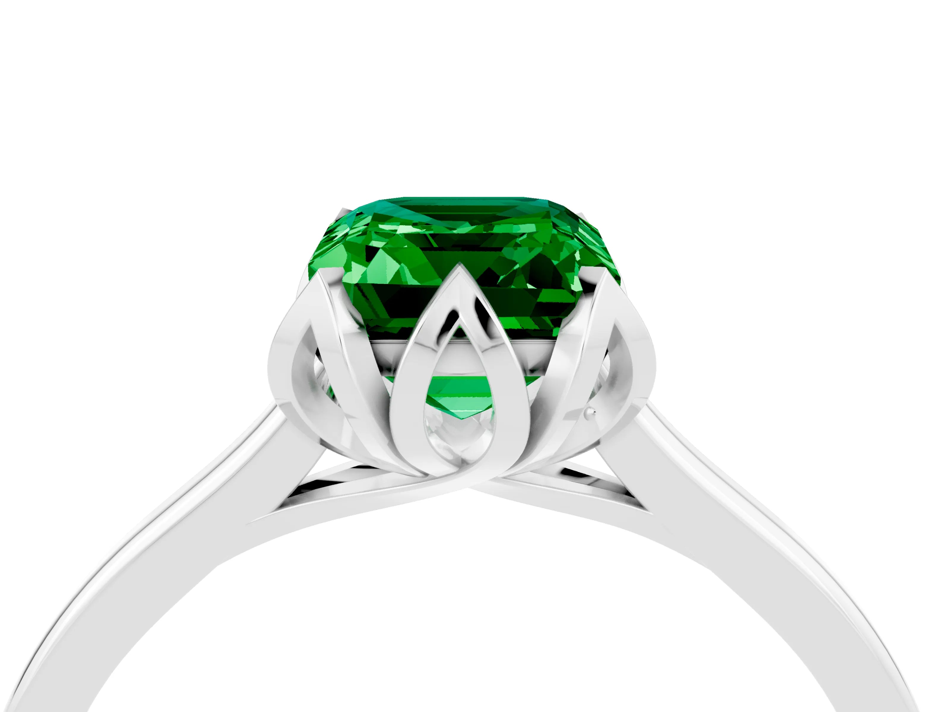 White gold Emerald Cut Emerald Solitaire Ring with Flower Prong Setting and Classic Band_16