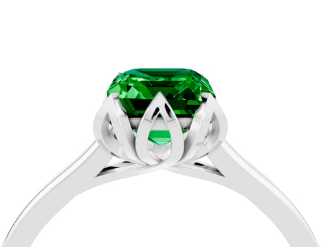 White gold Emerald Cut Emerald Solitaire Ring with Flower Prong Setting and Classic Band_16