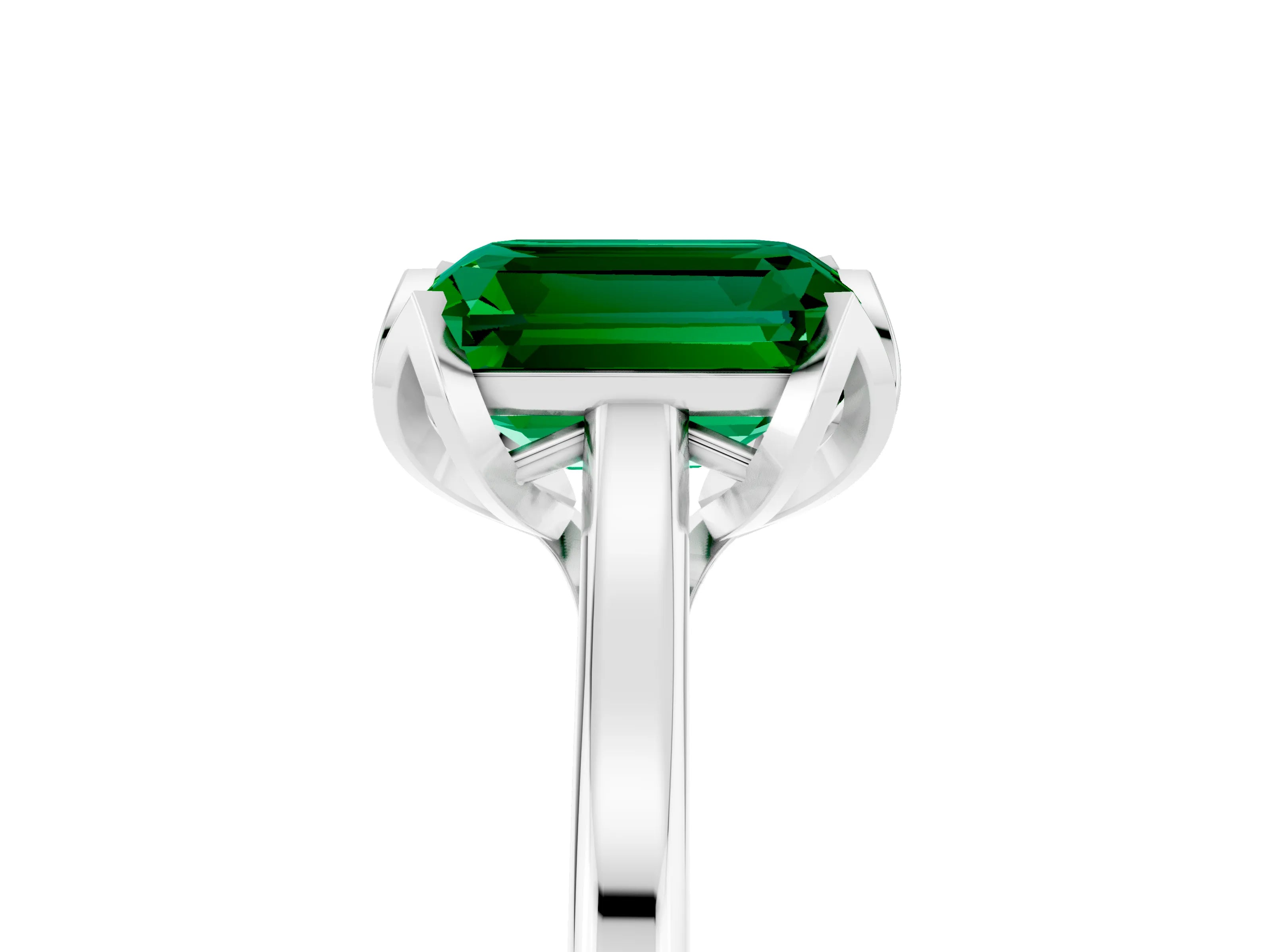 White gold Emerald Cut Emerald Solitaire Ring with Flower Prong Setting and Classic Band_17