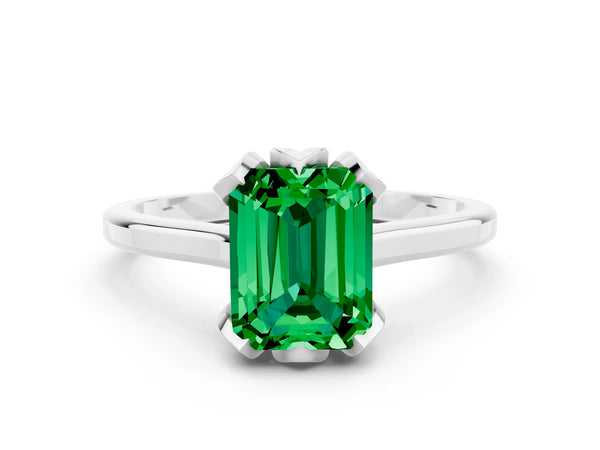 White gold Emerald Cut Emerald Solitaire Ring with Flower Prong Setting and Classic Band