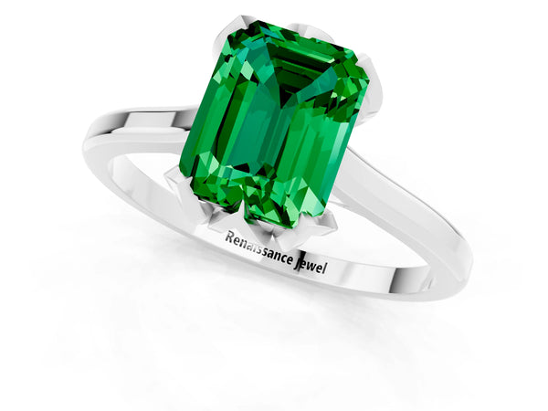 White gold Emerald Cut Emerald Solitaire Ring with Flower Prong Setting and Classic Band