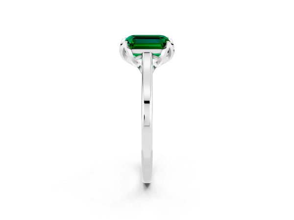 White gold Emerald Cut Emerald Solitaire Ring with Flower Prong Setting and Classic Band