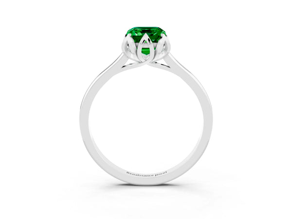 White gold Emerald Cut Emerald Solitaire Ring with Flower Prong Setting and Classic Band
