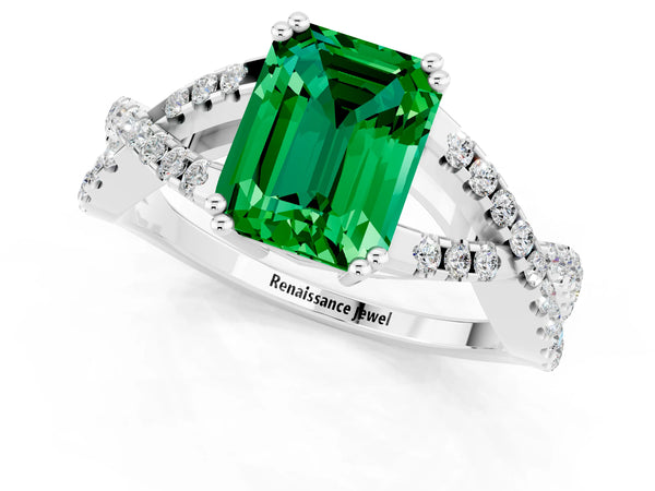 Silver Emerald Cut Emerald Solitaire Ring with Four-Prong Setting and Twisted Pavé Band