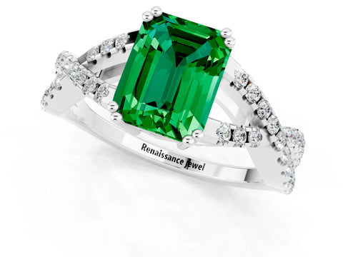 White gold Emerald Cut Emerald Solitaire Ring with Four-Prong Setting and Twisted Pavé Band_1