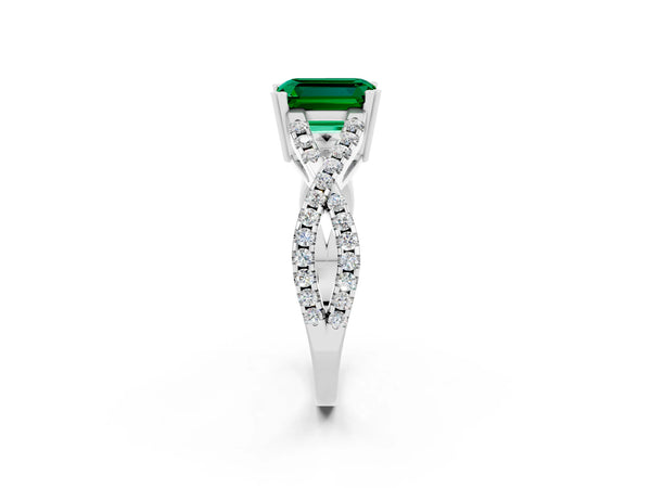 Platinum Emerald Cut Emerald Solitaire Ring with Four-Prong Setting and Twisted Pavé Band