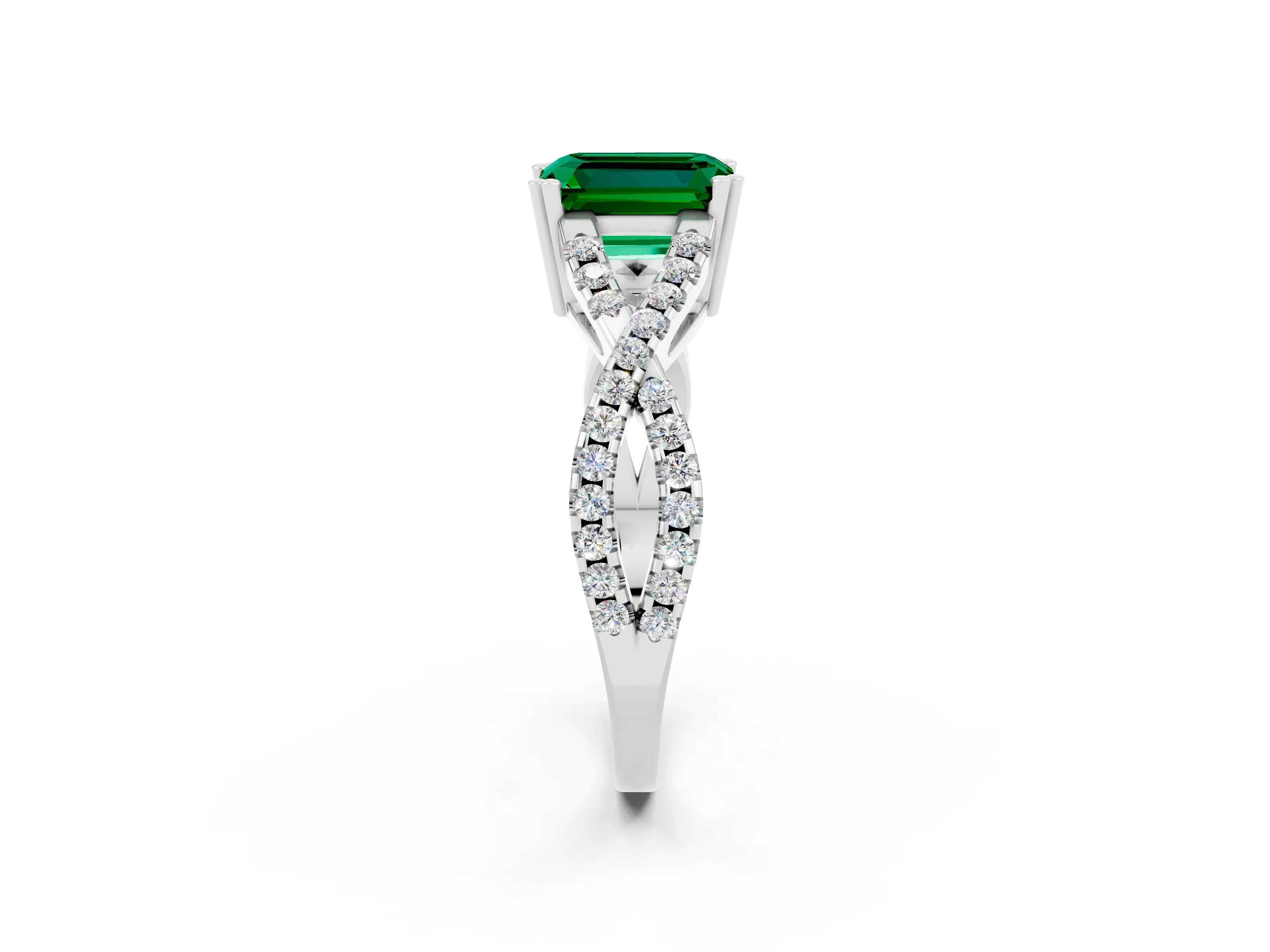White gold Emerald Cut Emerald Solitaire Ring with Four-Prong Setting and Twisted Pavé Band_2