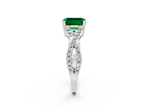 White gold Emerald Cut Emerald Solitaire Ring with Four-Prong Setting and Twisted Pavé Band_2