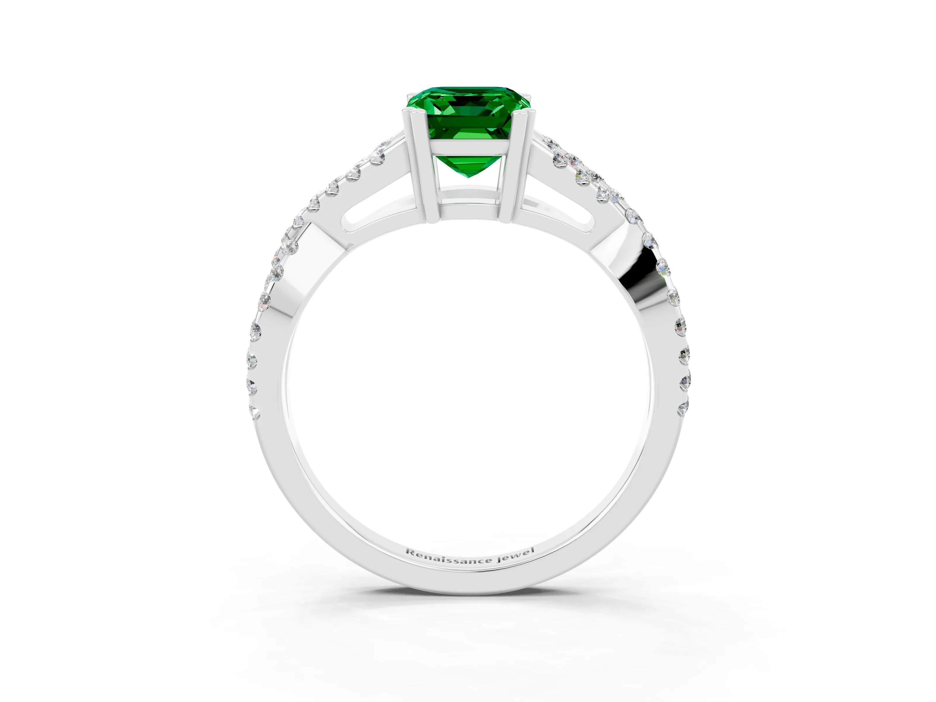 White gold Emerald Cut Emerald Solitaire Ring with Four-Prong Setting and Twisted Pavé Band_3