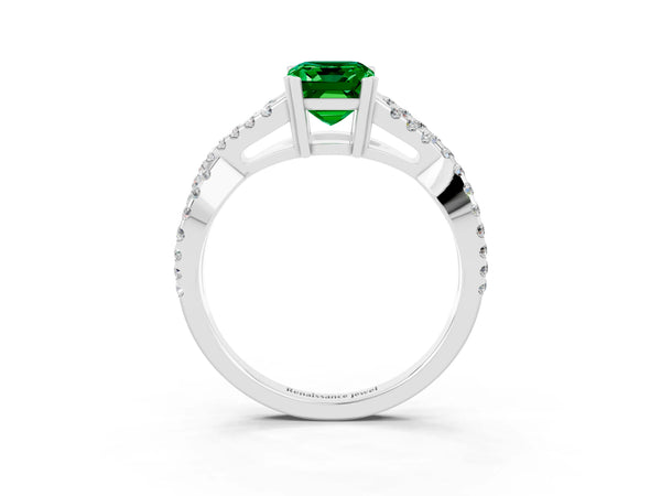 White gold Emerald Cut Emerald Solitaire Ring with Four-Prong Setting and Twisted Pavé Band