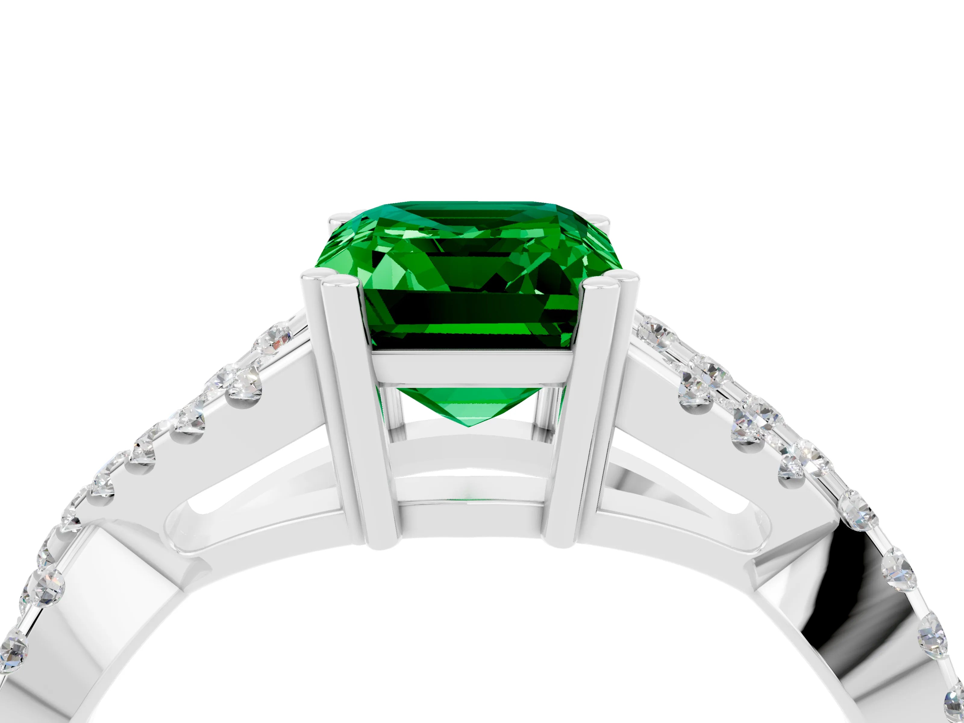 White gold Emerald Cut Emerald Solitaire Ring with Four-Prong Setting and Twisted Pavé Band_4