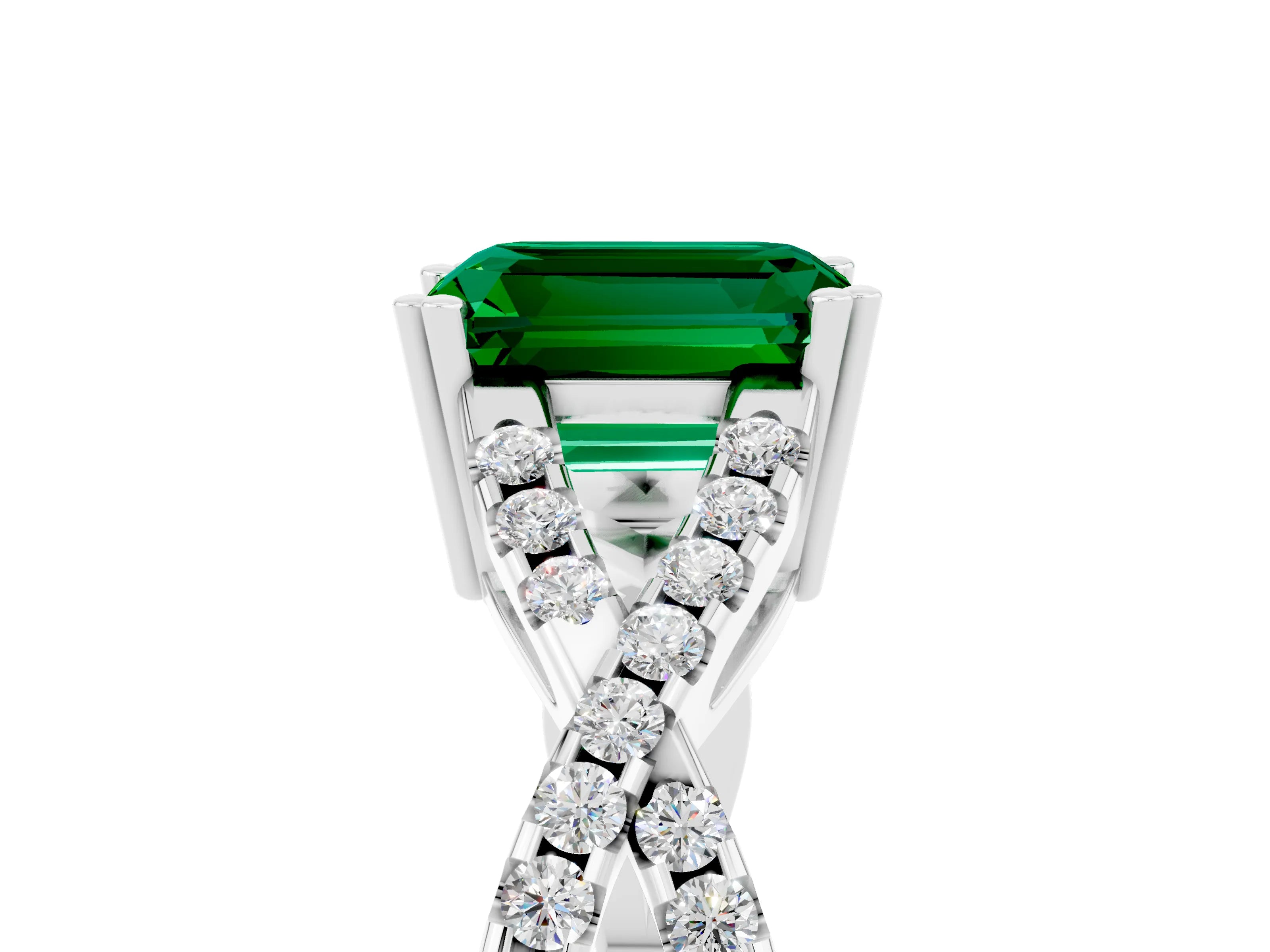 White gold Emerald Cut Emerald Solitaire Ring with Four-Prong Setting and Twisted Pavé Band_5
