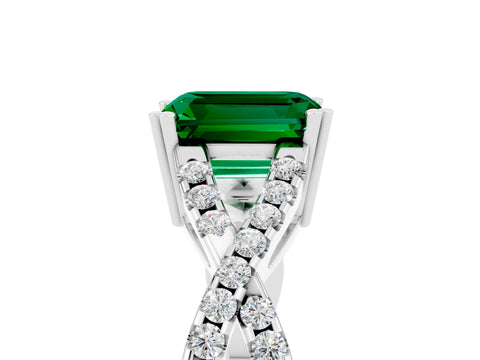 White gold Emerald Cut Emerald Solitaire Ring with Four-Prong Setting and Twisted Pavé Band_5