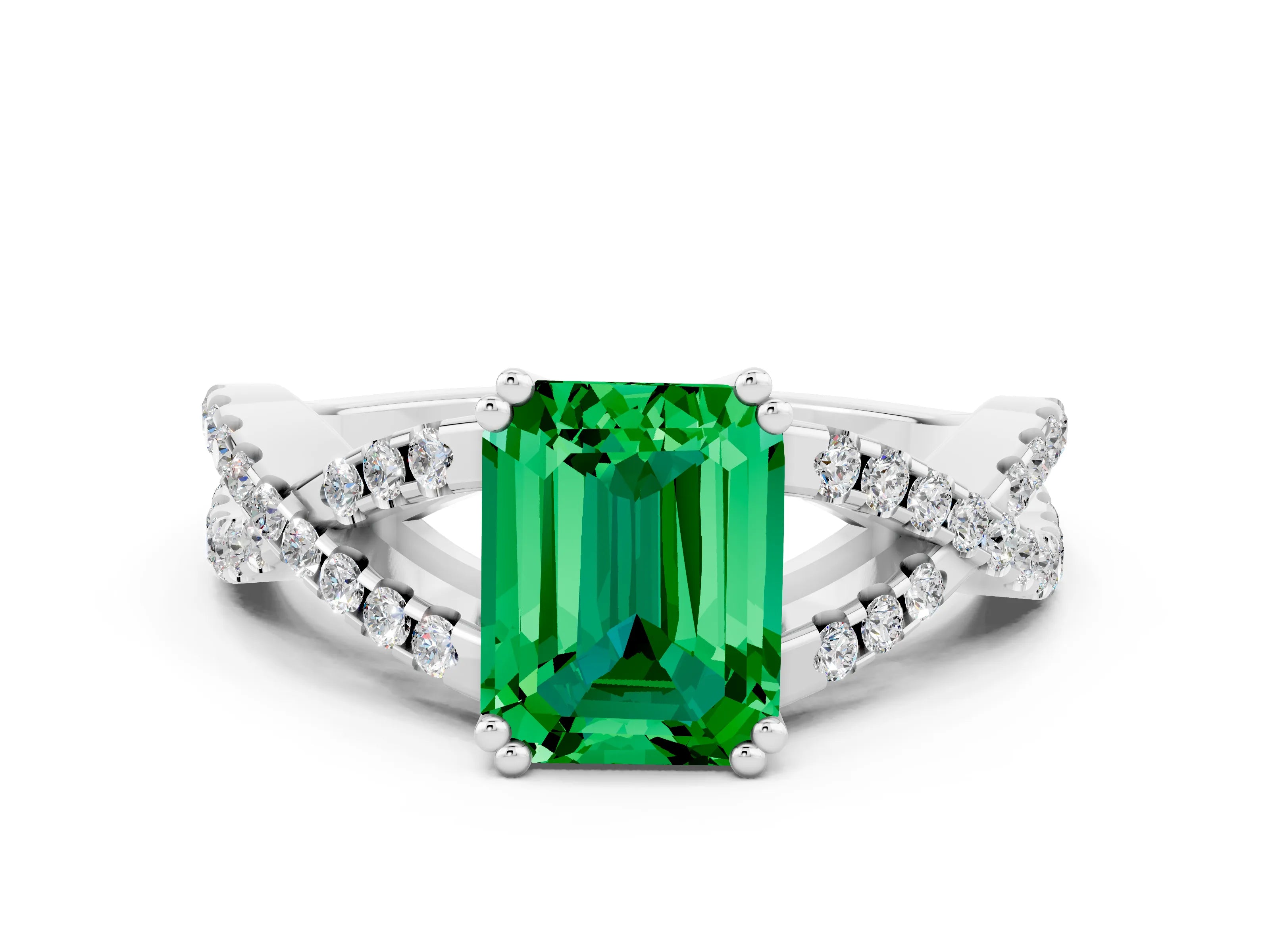 White gold Emerald Cut Emerald Solitaire Ring with Four-Prong Setting and Twisted Pavé Band