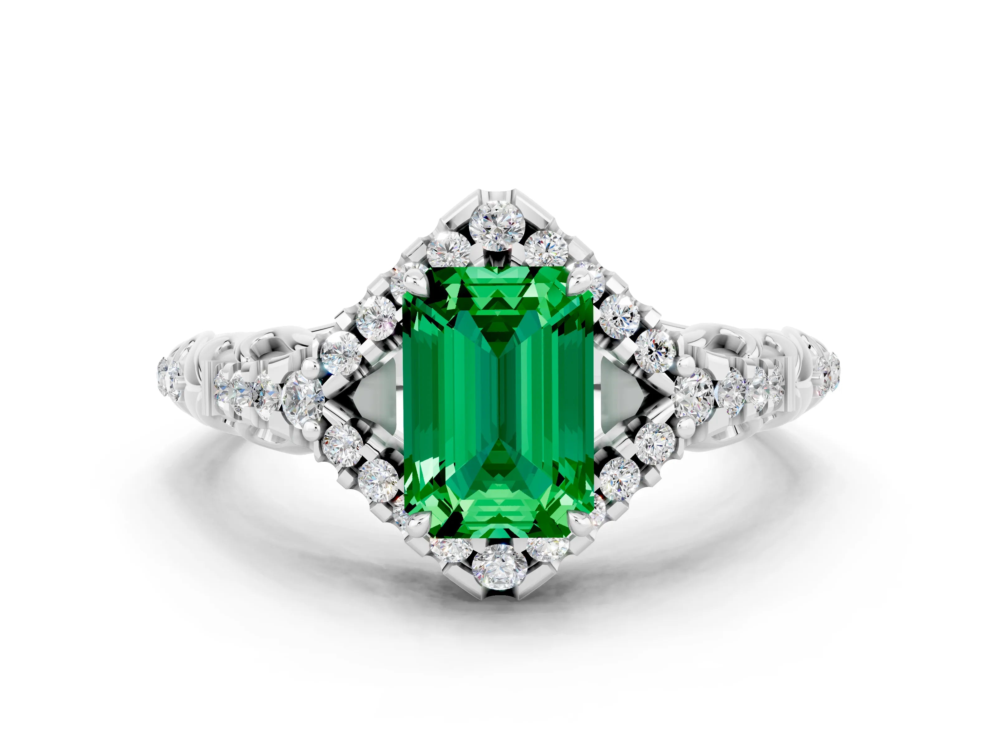 White gold Emerald Cut Emerald Solitaire Ring with Hidden Halo and Pavé Band_12