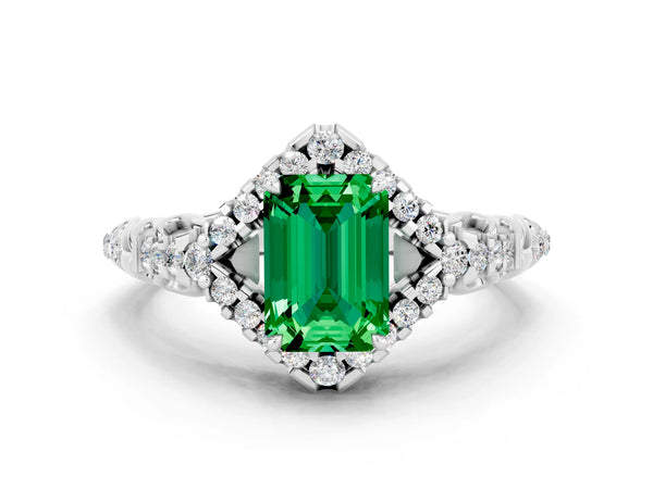 Platinum Emerald Cut Emerald Solitaire Ring with Hidden Halo and Pavé Band