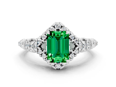 White gold Emerald Cut Emerald Solitaire Ring with Hidden Halo and Pavé Band_12