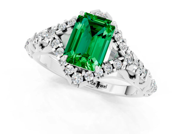 Platinum Emerald Cut Emerald Solitaire Ring with Hidden Halo and Pavé Band