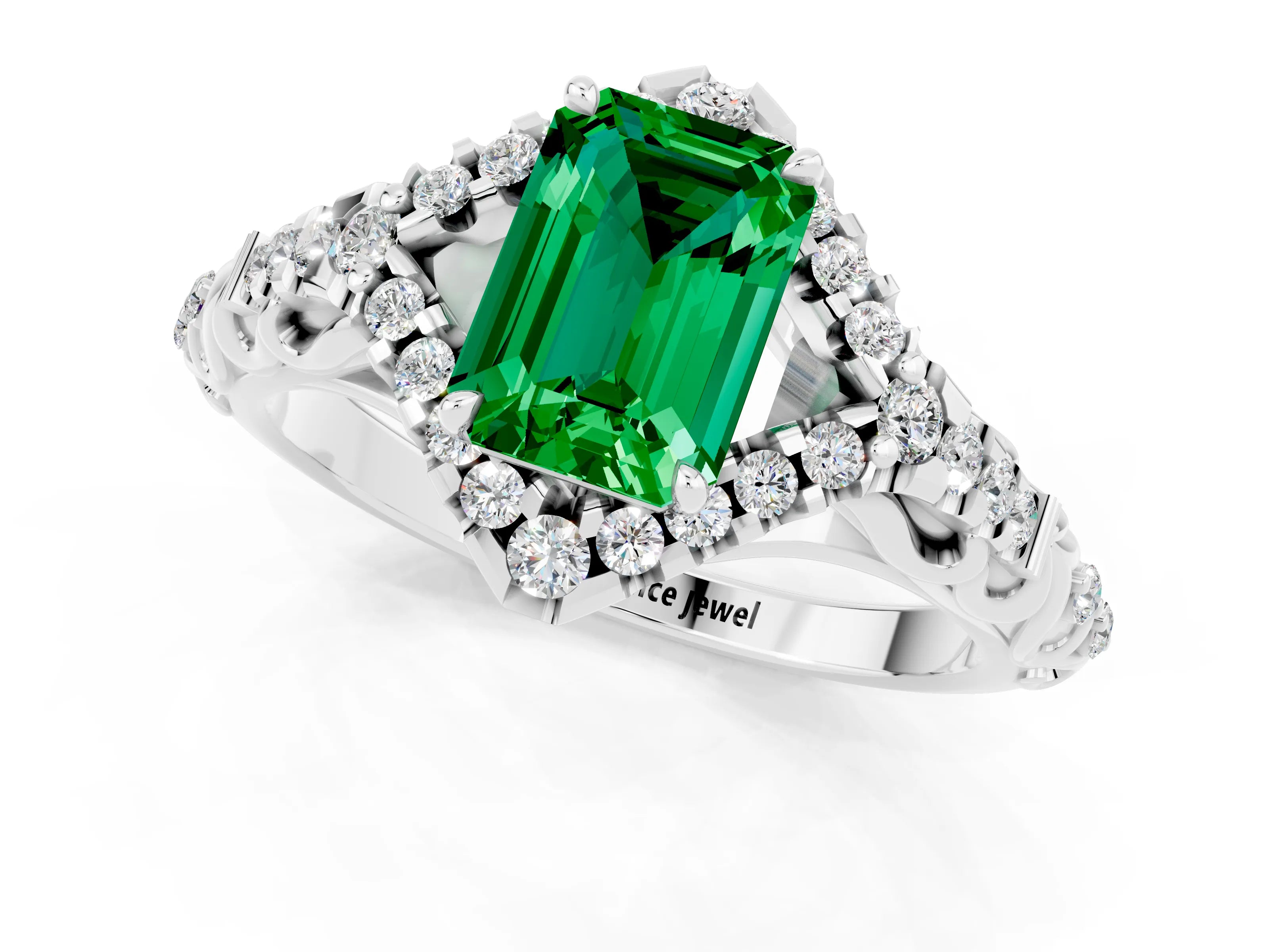 White gold Emerald Cut Emerald Solitaire Ring with Hidden Halo and Pavé Band_13