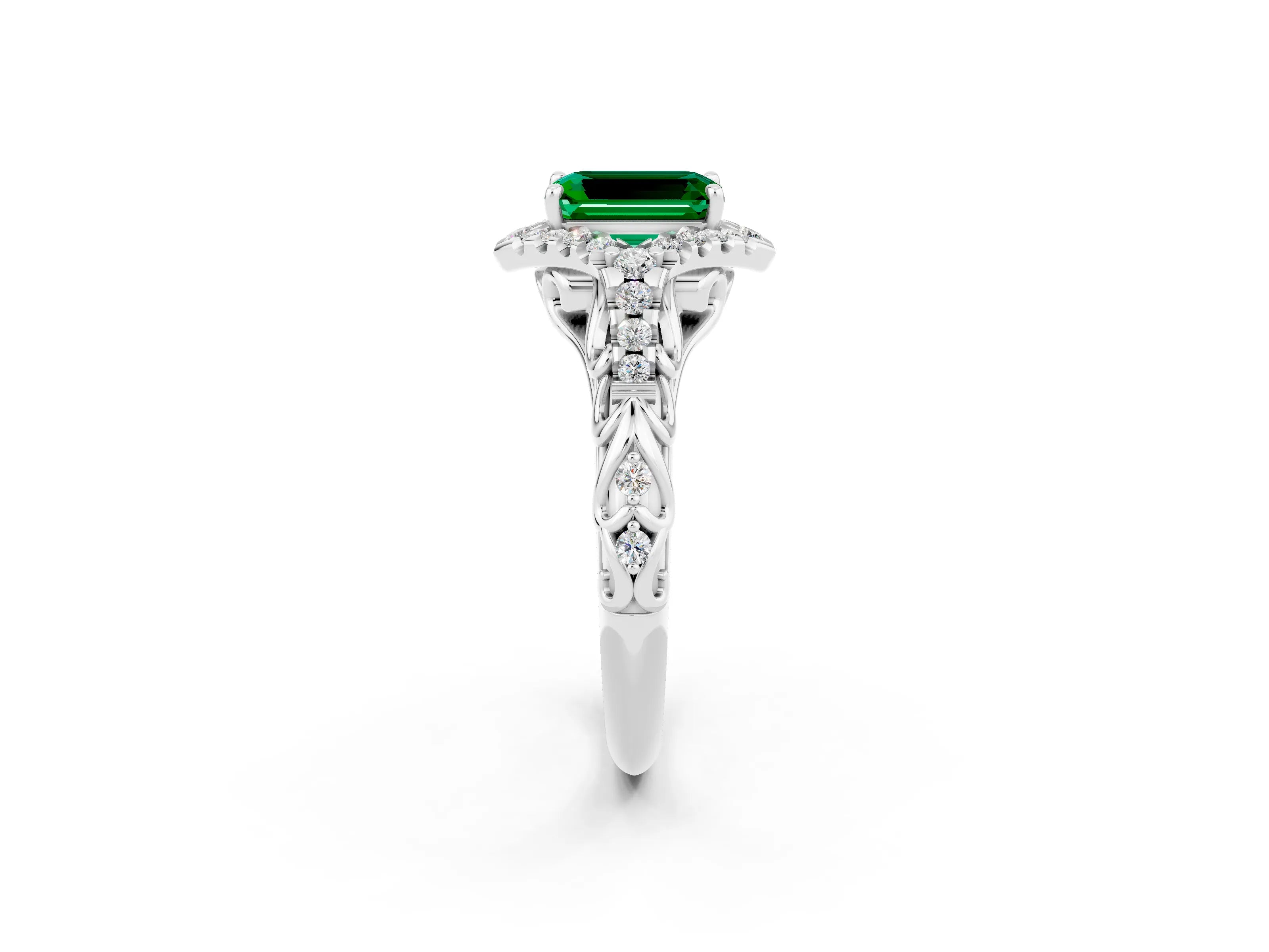 White gold Emerald Cut Emerald Solitaire Ring with Hidden Halo and Pavé Band_14