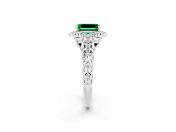 Silver Emerald Cut Emerald Solitaire Ring with Hidden Halo and Pavé Band