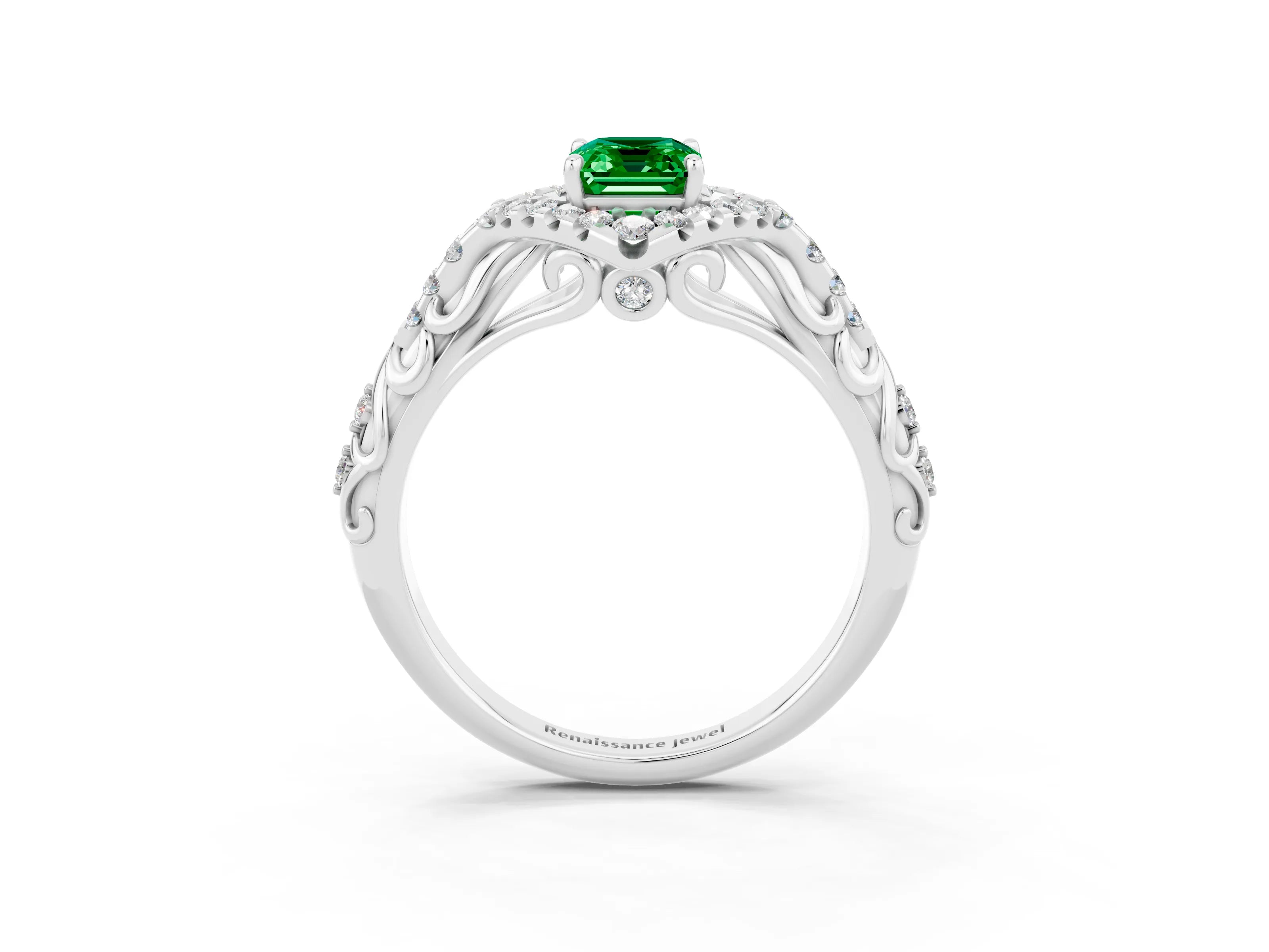 White gold Emerald Cut Emerald Solitaire Ring with Hidden Halo and Pavé Band_15