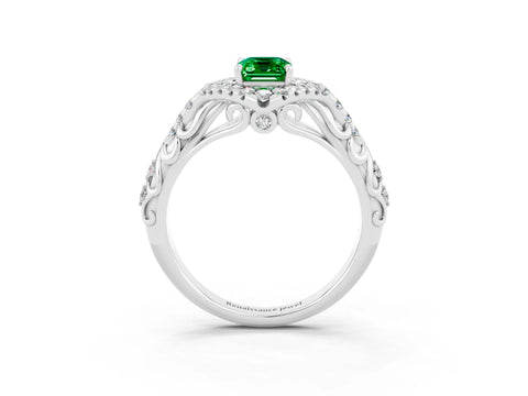 White gold Emerald Cut Emerald Solitaire Ring with Hidden Halo and Pavé Band_15