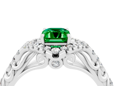 White gold Emerald Cut Emerald Solitaire Ring with Hidden Halo and Pavé Band_16