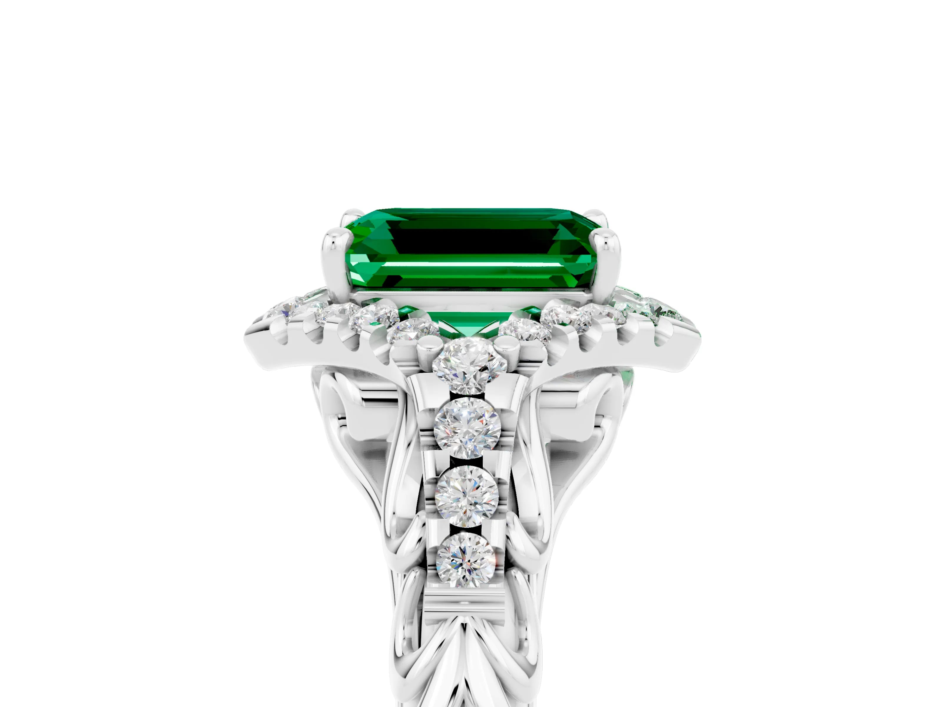 White gold Emerald Cut Emerald Solitaire Ring with Hidden Halo and Pavé Band_17