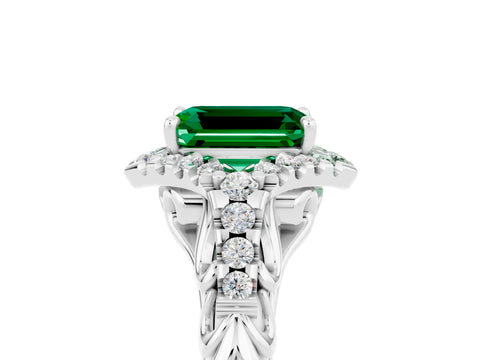 White gold Emerald Cut Emerald Solitaire Ring with Hidden Halo and Pavé Band_17