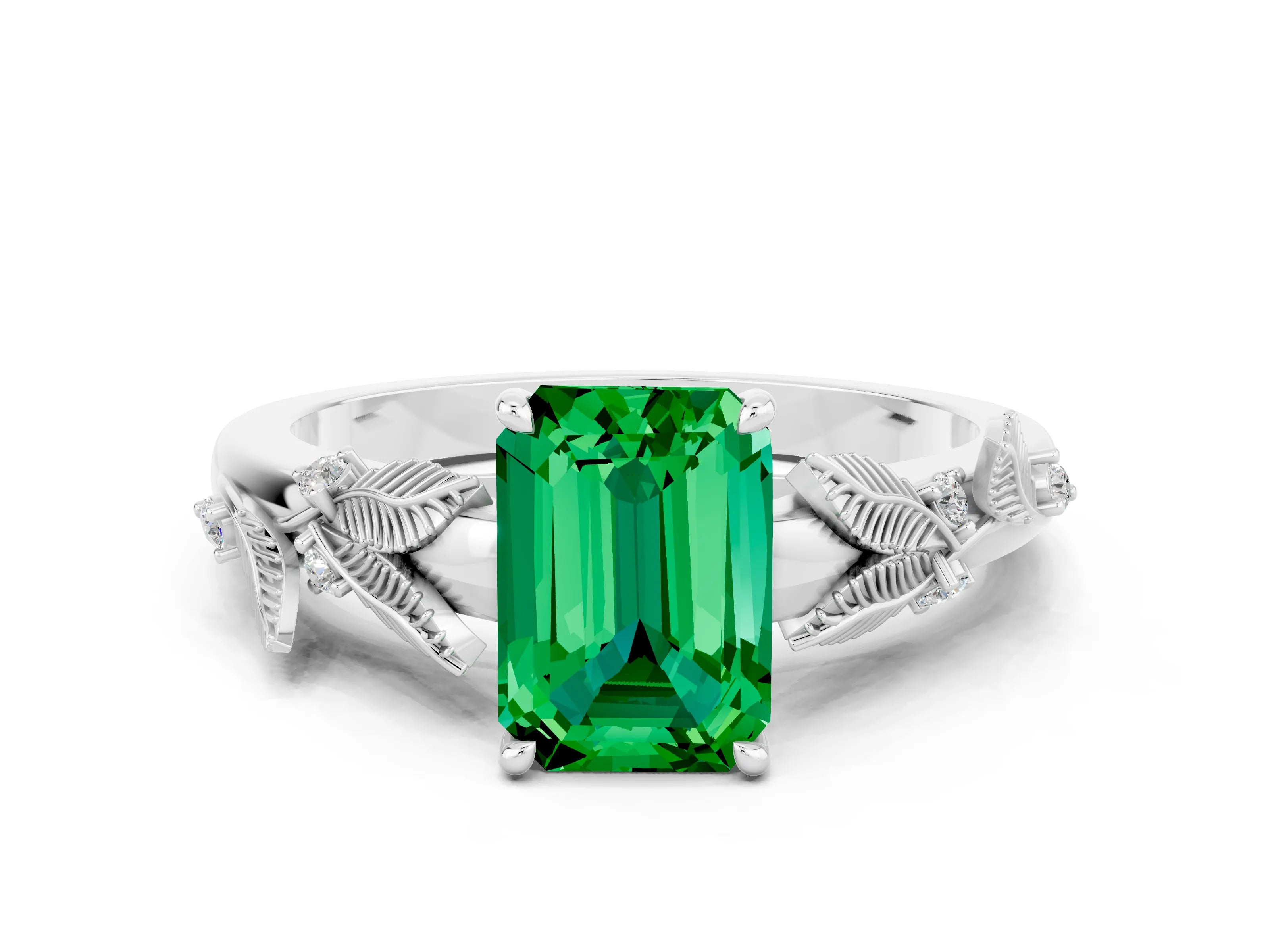 White gold Emerald Cut Emerald Solitaire Ring with Leaf Motif Band and Four-Prong Setting_12