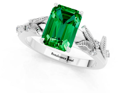 White gold Emerald Cut Emerald Solitaire Ring with Leaf Motif Band and Four-Prong Setting_1