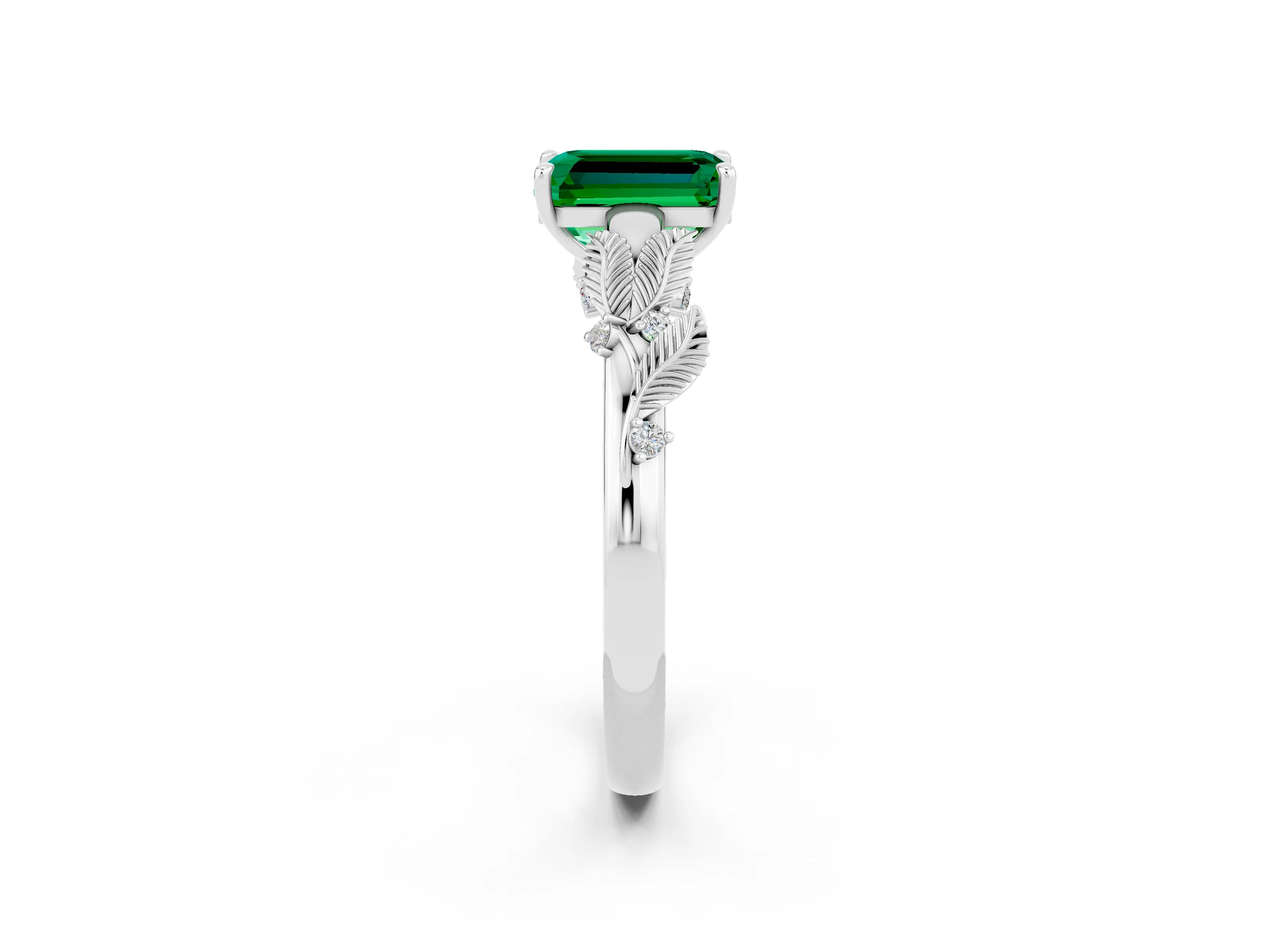 White gold Emerald Cut Emerald Solitaire Ring with Leaf Motif Band and Four-Prong Setting_2