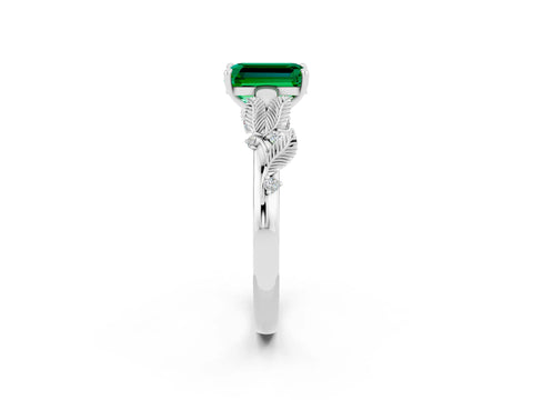 White gold Emerald Cut Emerald Solitaire Ring with Leaf Motif Band and Four-Prong Setting_2