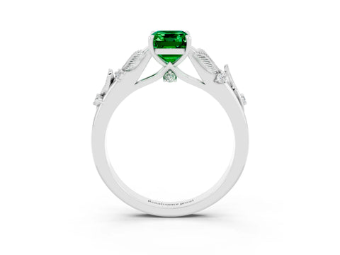 White gold Emerald Cut Emerald Solitaire Ring with Leaf Motif Band and Four-Prong Setting_3