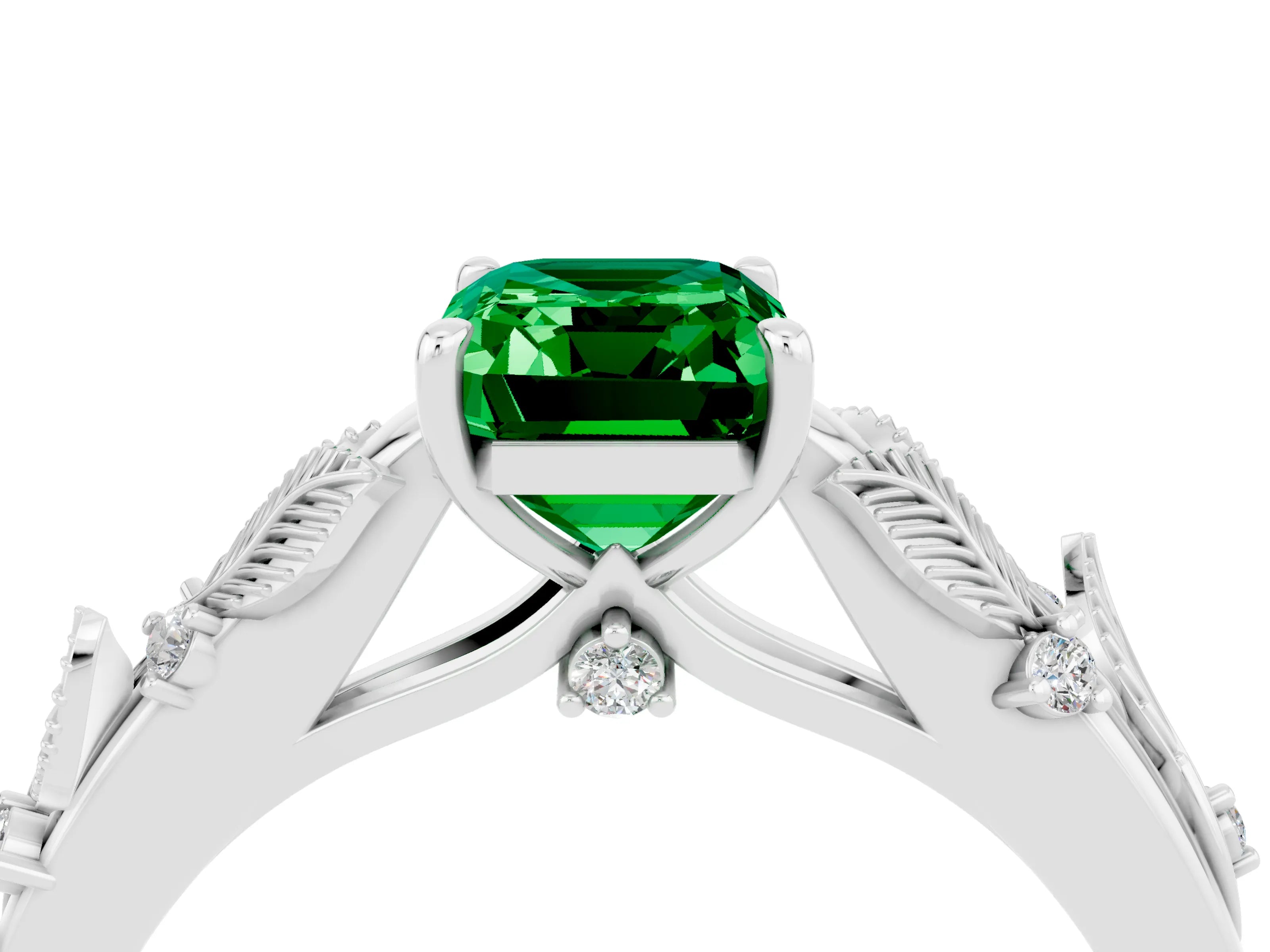 White gold Emerald Cut Emerald Solitaire Ring with Leaf Motif Band and Four-Prong Setting_4