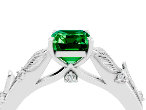 White gold Emerald Cut Emerald Solitaire Ring with Leaf Motif Band and Four-Prong Setting_4