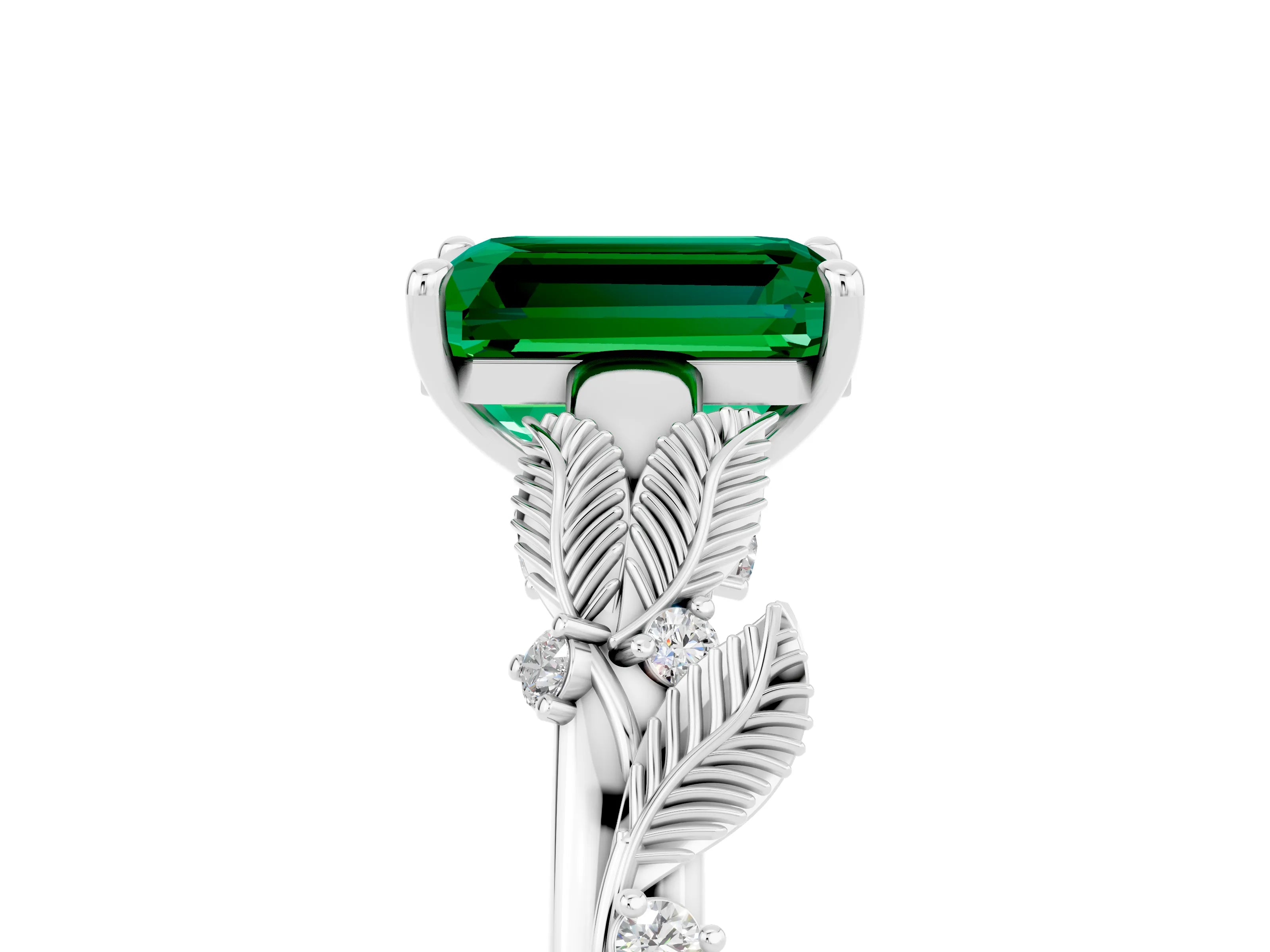 White gold Emerald Cut Emerald Solitaire Ring with Leaf Motif Band and Four-Prong Setting_5