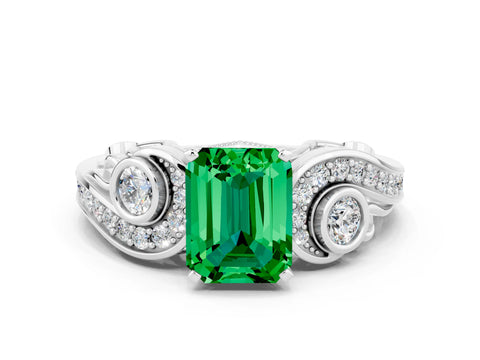 White gold Emerald Cut Emerald Solitaire Ring with Milgrain Pavé Band and Four-Prong Setting_24