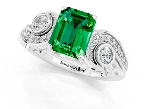 White gold Emerald Cut Emerald Solitaire Ring with Milgrain Pavé Band and Four-Prong Setting_25