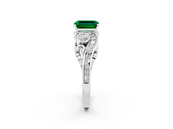 Silver Emerald Cut Emerald Solitaire Ring with Milgrain Pavé Band and Four-Prong Setting