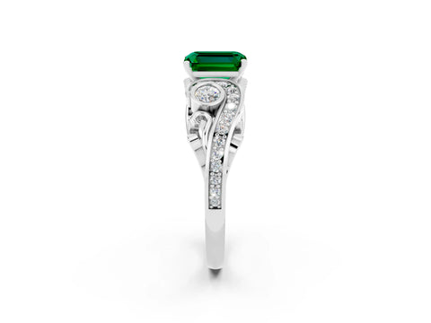 White gold Emerald Cut Emerald Solitaire Ring with Milgrain Pavé Band and Four-Prong Setting_26